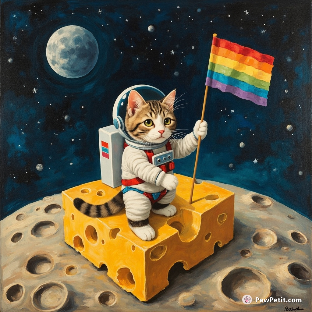 A space-cat astronaut planting a rainbow flag on the cheese moon.