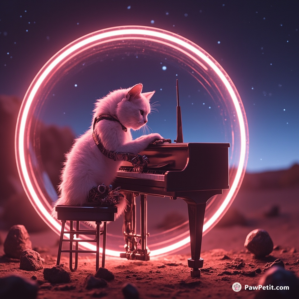 Cyborg cat on Mars playing an upside-down, intergalactic jazz piano, encased in a bright neon bubble.