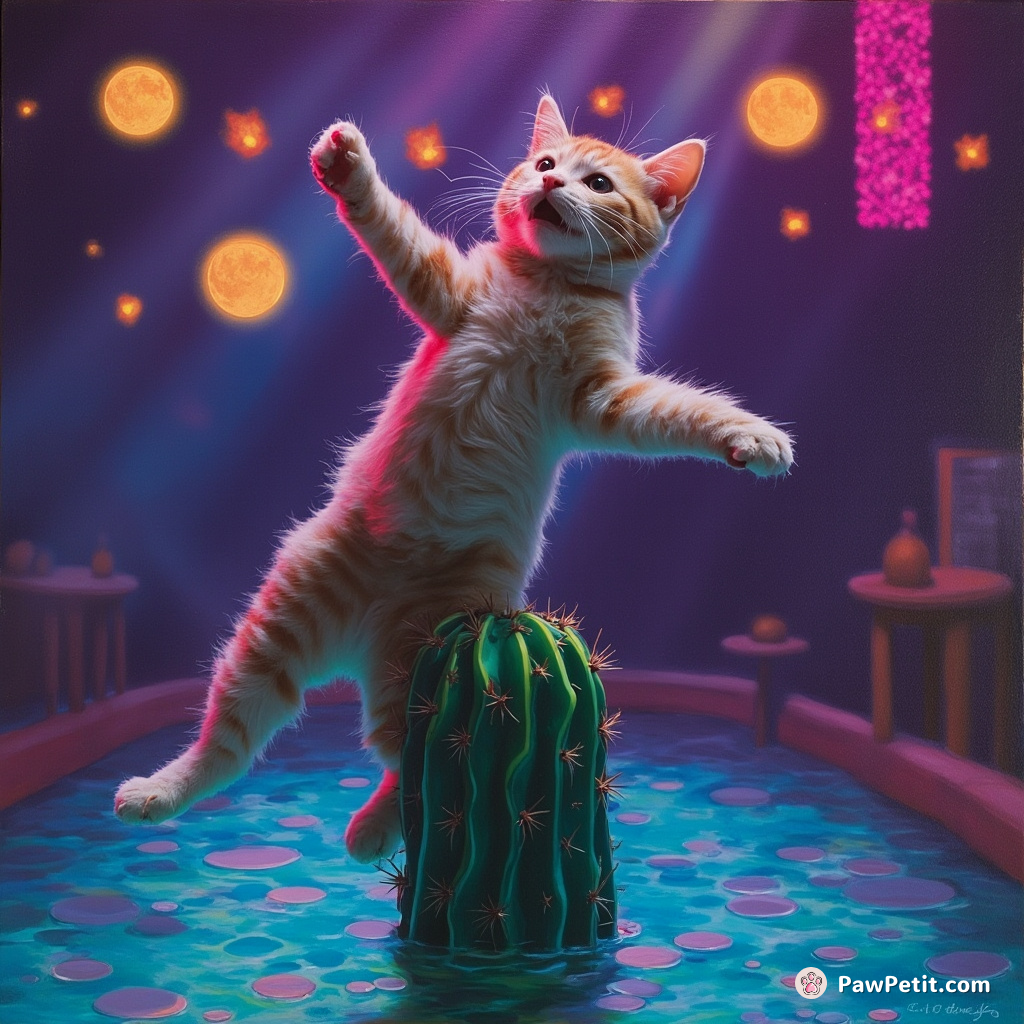Cat doing a handstand on the tip of a dancing, sentient cactus while juggling miniature flaming moons in a neon-glow aquatic nightclub.