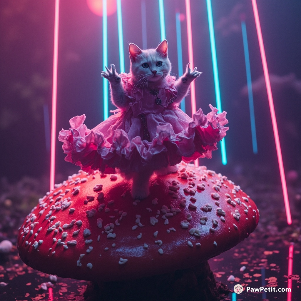 Cat flamenco dancing on a giant mushroom in neon rainfall.