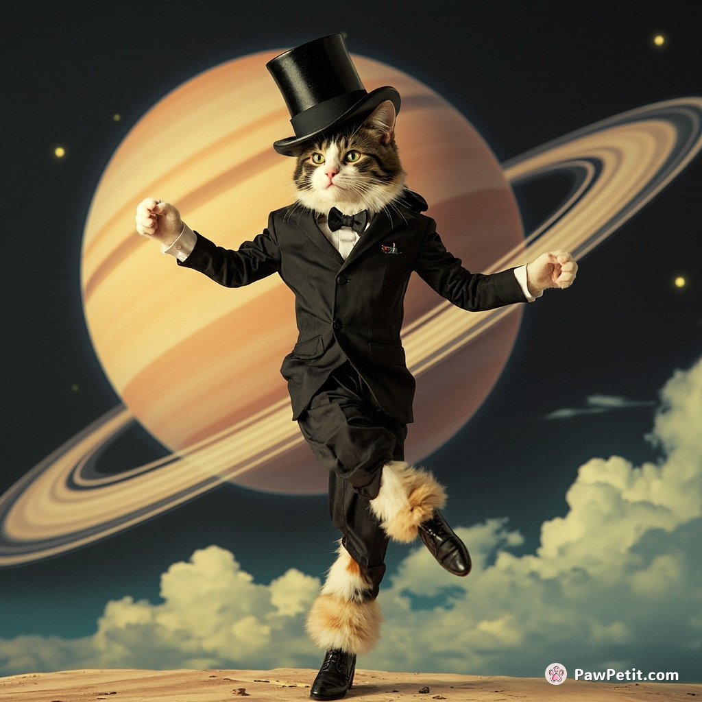 A calico cat tap dancing atop a huge Saturn's ring, wearing a dapper suit and top hat.