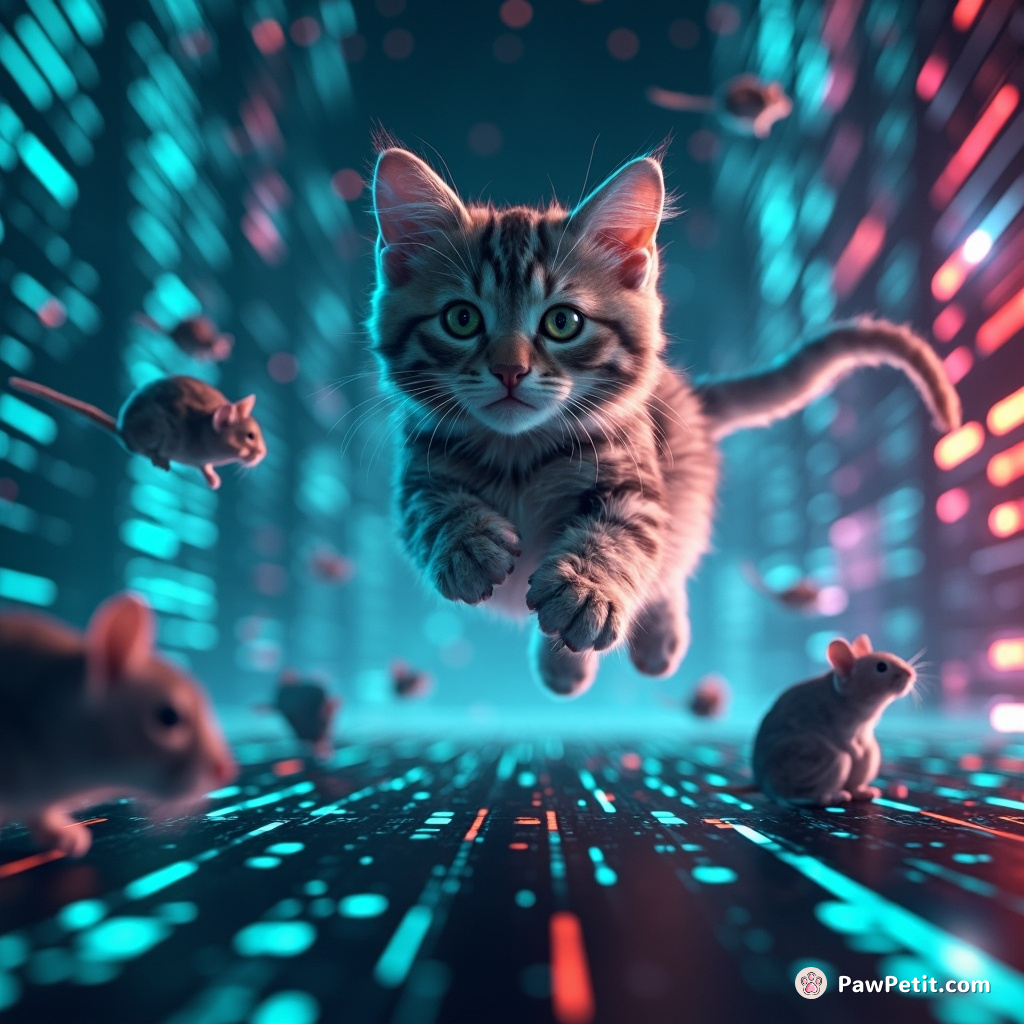 In an ethereal cyber realm, the Photon Feline leaps across data-streams, catching pixelated mice in a single techno-twist pounce.
