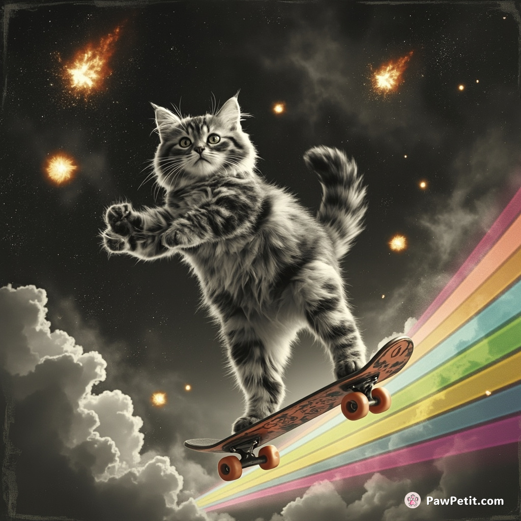 A grainy monochrome image of a cat juggling fiery meteors while skateboarding on a rainbow laser in the heart of an intergalactic space storm.