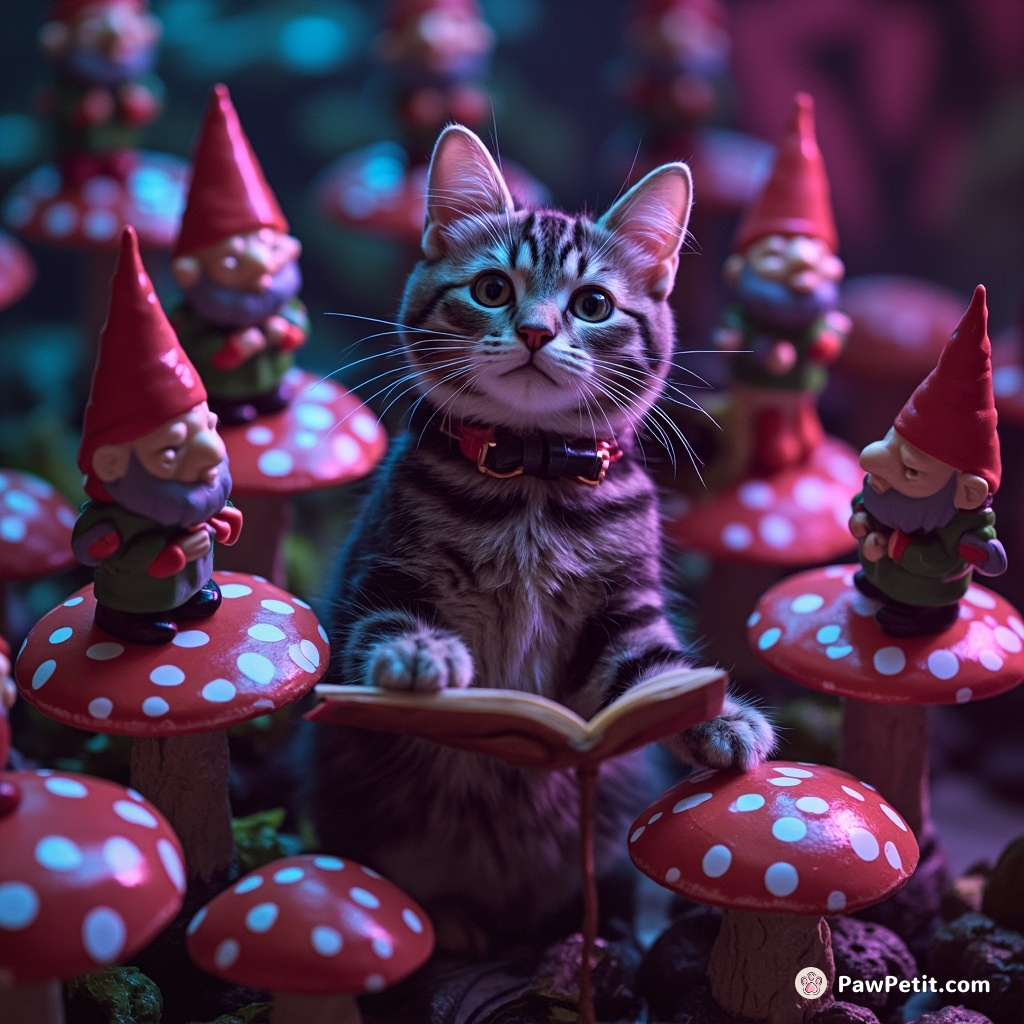 Cat conducting a quirky orchestra of garden gnomes on polka-dot mushrooms.