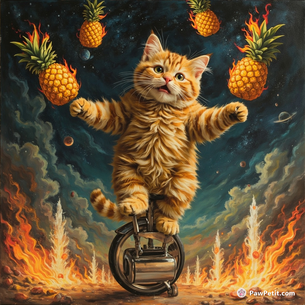 A yellow-striped cat juggling flaming pineapples while balancing on a unicycle atop an active toaster wobbling amidst hot fountains in space.