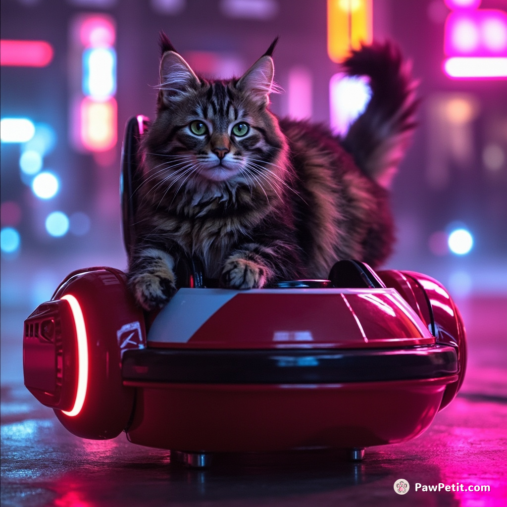 A tabby shot to hoverbot's control seat, swiftly mastering omnidirectional movements with her marvelously nimble tail.