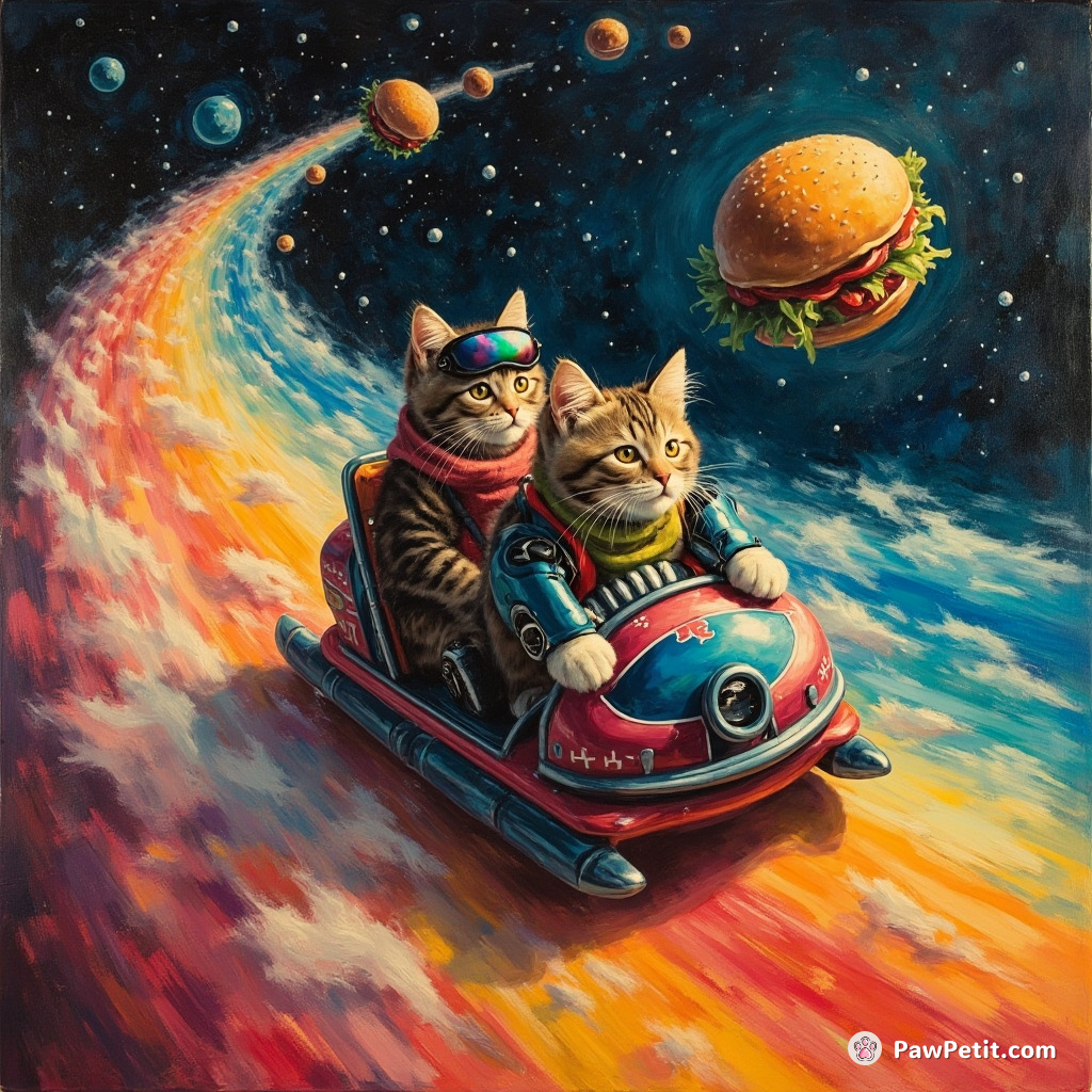 Cybernetic cats bobsledding down a rainbow in space, dodging cheeseburger asteroids.
