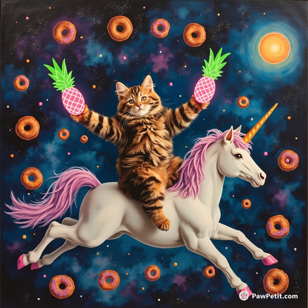 Cat juggling neon pineapples on a unicorn's back_gliding over a galaxy of donuts.