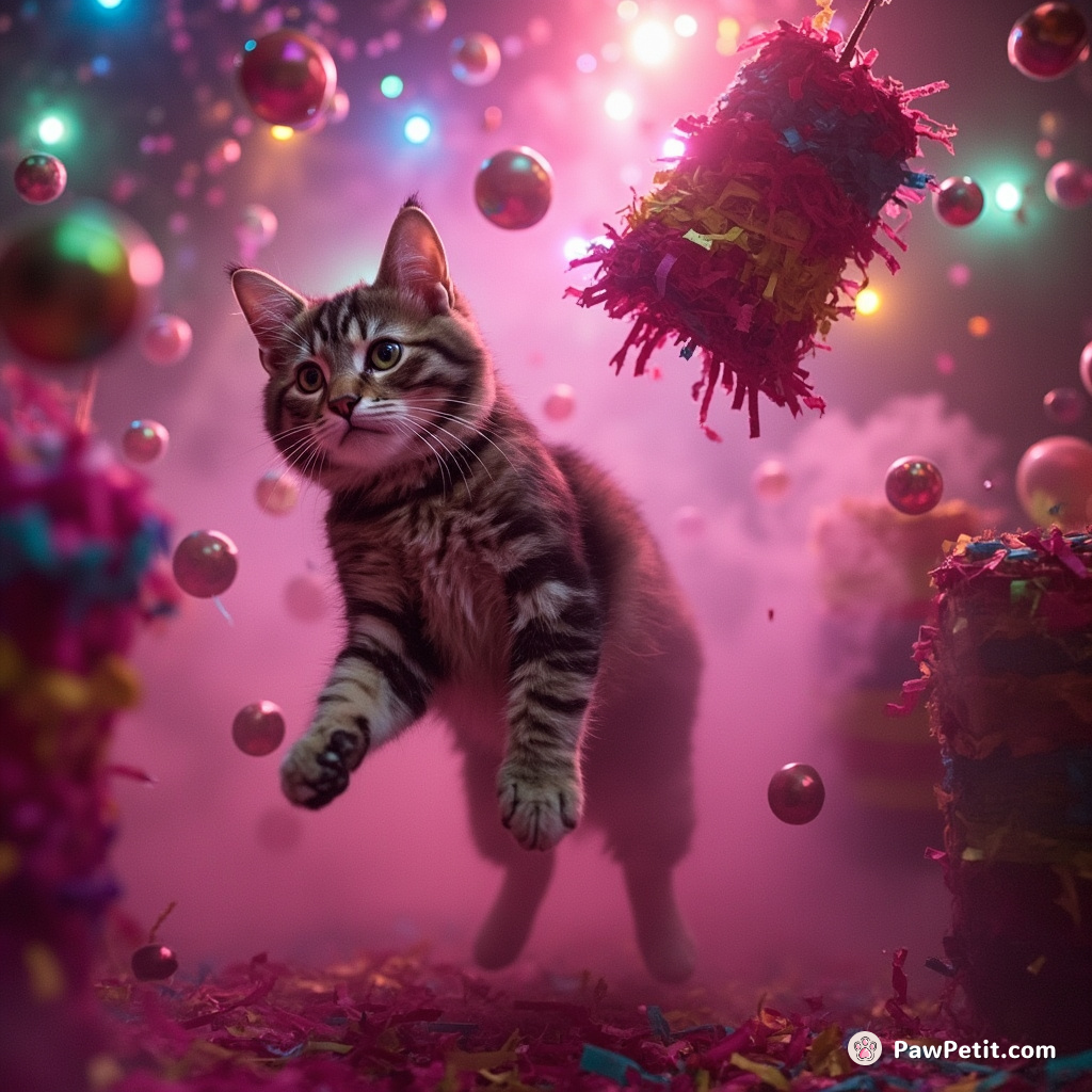 In the height of a birthday party, the cat leaped, inadvertently landing in the luminous chaos of bursting piñata.