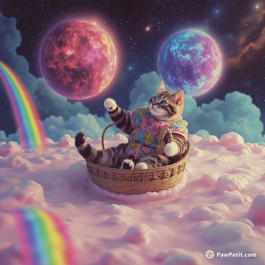 A cat juggling cosmic nebulae on a gondola, sliding down a rainbow in an ocean of milk.