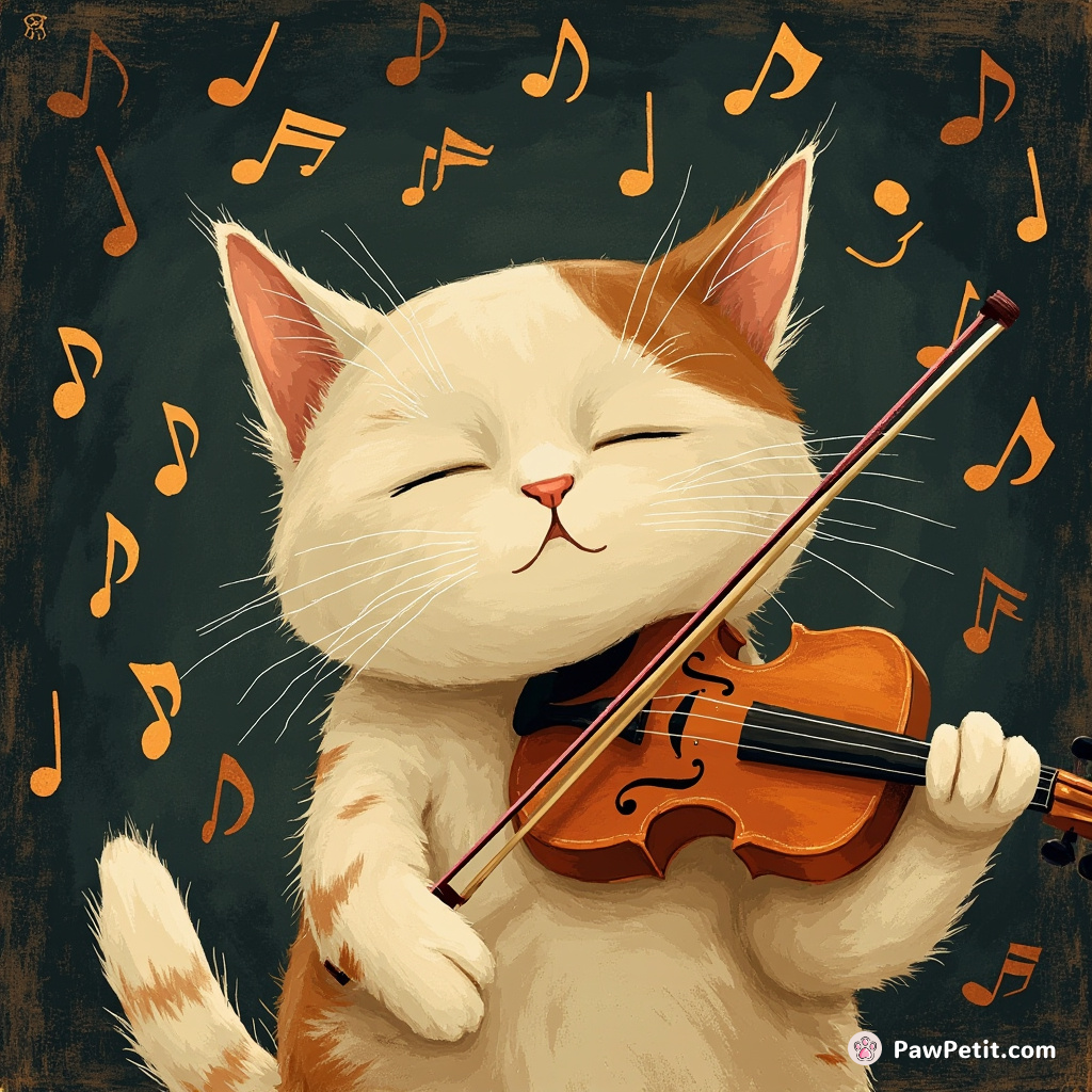 A hypnotic cat conducting an orchestral symphony, composed entirely of feline mews.