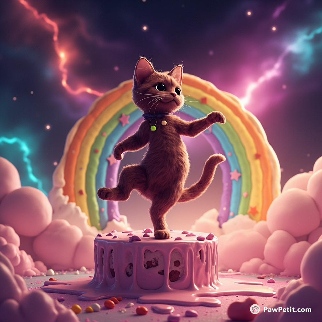 A maroon-colored cat dancing the macarena on top of an ever-melting ice cream rainbow in the eye of a nebula storm.