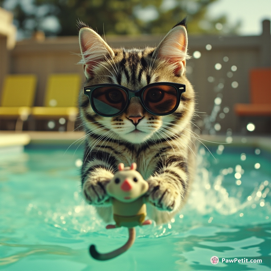 Clad in shades, Paws McGraw dives off the diveboard, saving the floating fake mouse – a feline Baywatch moment.