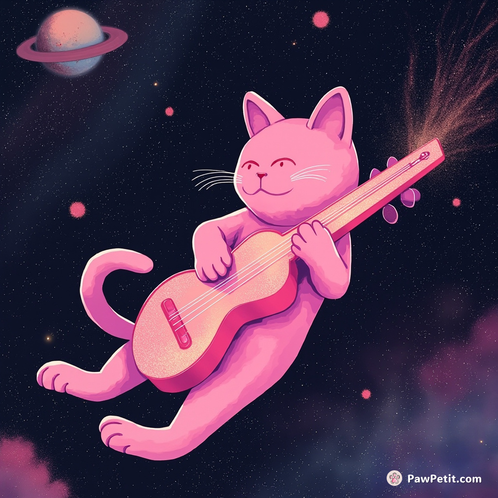 A neon pink cat, floating in a bubblegum galaxy, composing melancholic pop songs using a cosmic harp made out of stardust and moonbeams.