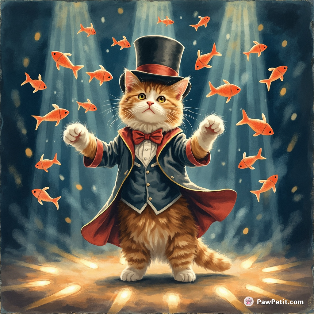A cat in a velvet top hat playing the conjurer, manifesting dozens of tiny fish out of thin air on a stage under strobe lights.