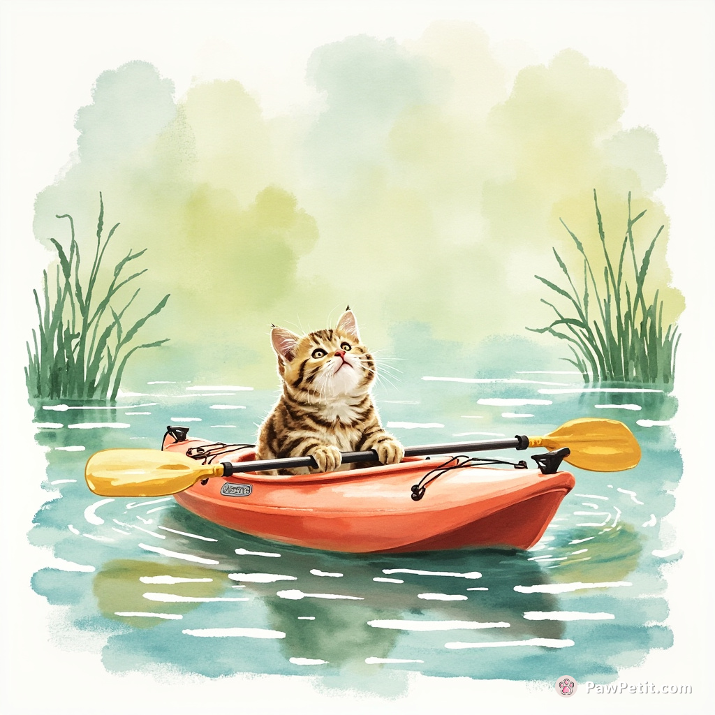 Whiskers attempts to parallel park his owner's kayak, dramaticallyailing it into the pond with a dramatic "meow-pirouette.