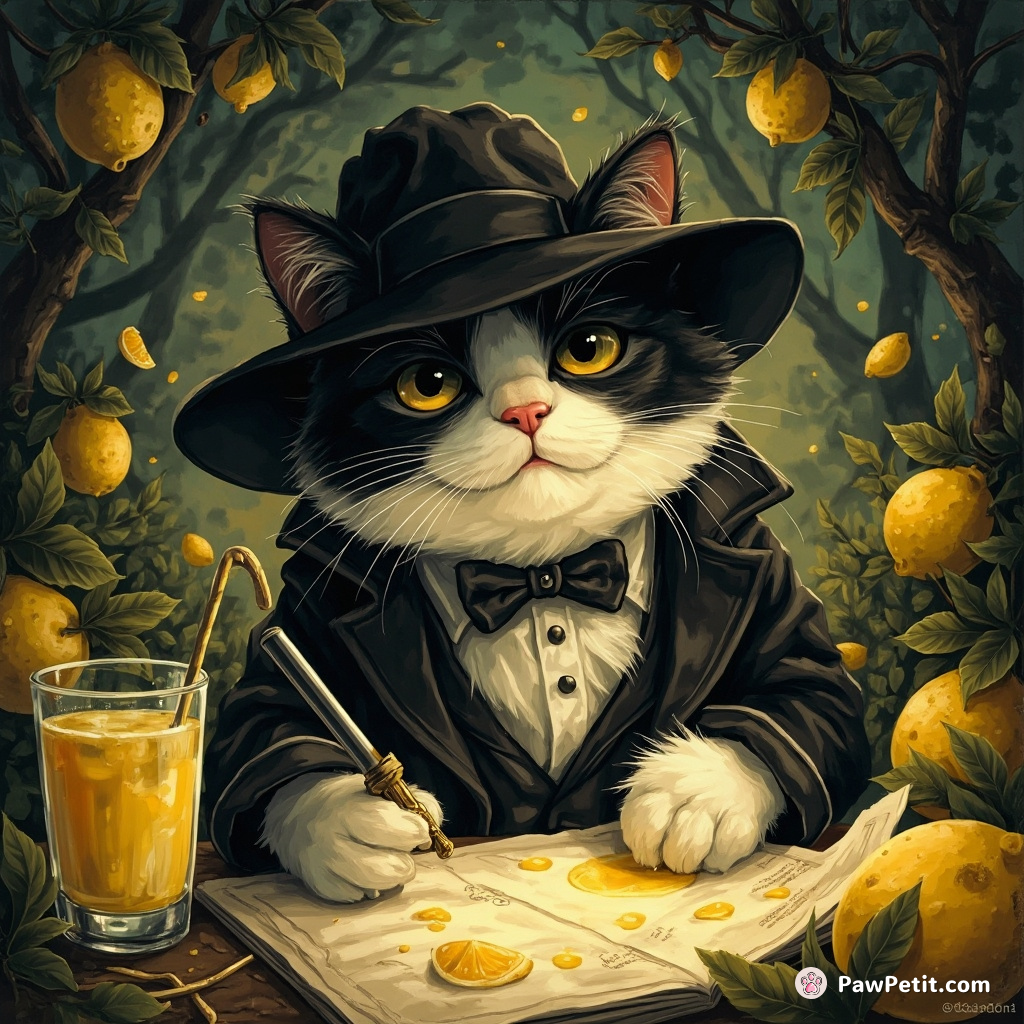 A black and white film-noir-inspired detective cat investigating an unsolvable case in a lemonade world.