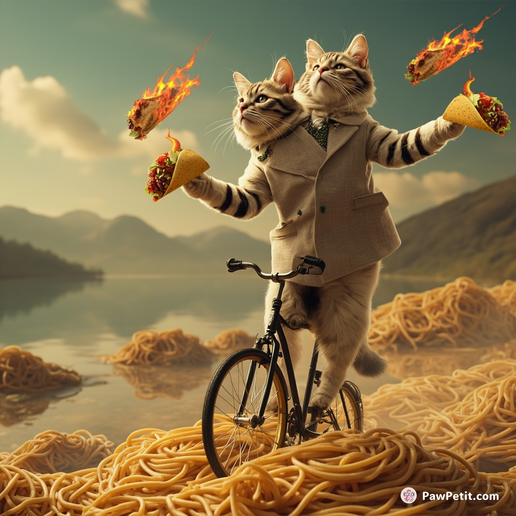 A two-headed cat juggling flamingly hot burritos on a unicycle over a lake of spaghetti.