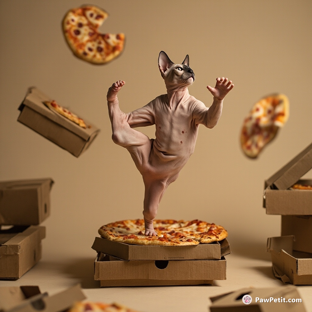 A sphynx cat breakdancing on stacked pizza boxes in zero gravity.