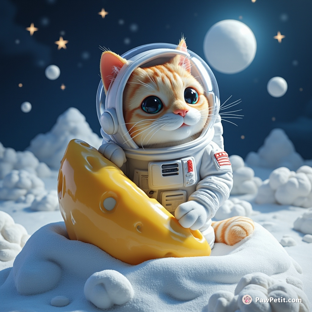 A cat ice sculpting a likeness of itself in full astronaut gear on an extraterrestrial cheese moon.