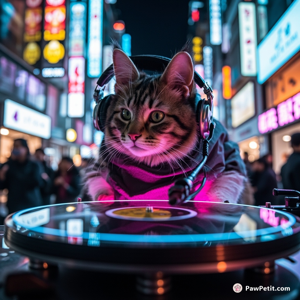 Cyberpunk cat with neon fur listening to futuristic music through oversized headphones on a levitating turntable in downtown Tokyo.