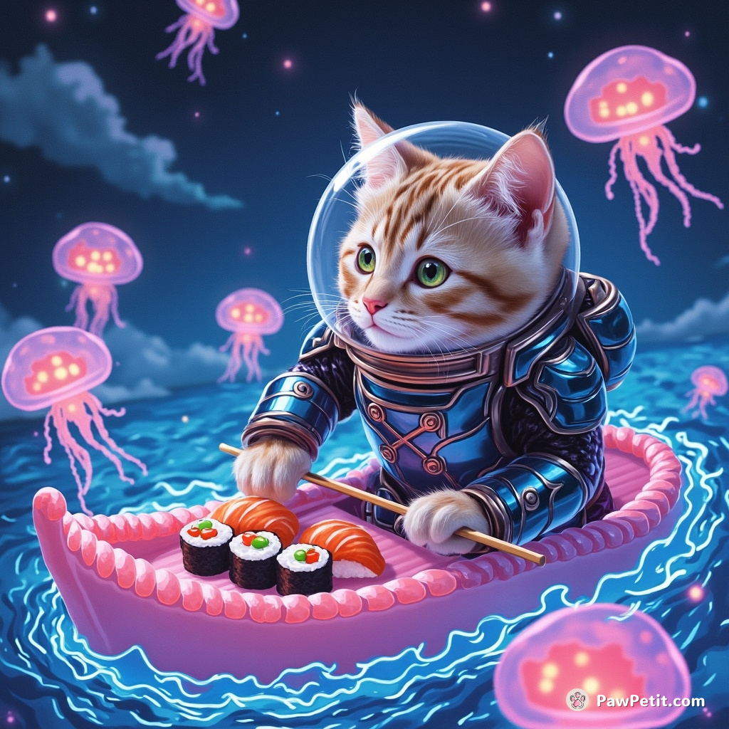 Cat in space armor preparing sushi on a boat made of bubblegum inside an ocean of electric jellyfish.