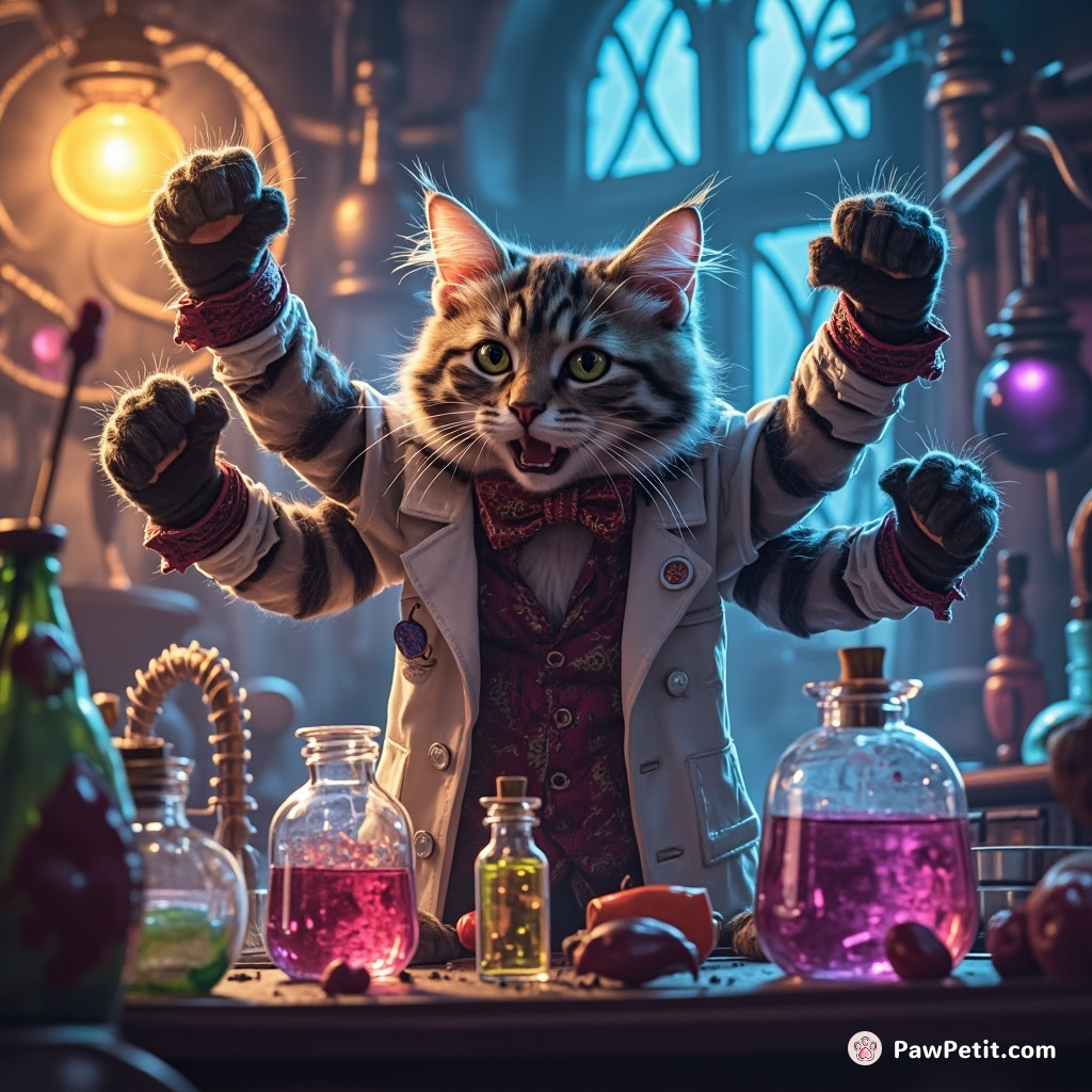 A four-armed tabby cat wearing a miniature lab coat, frantically mixing potions in a neon-lit steampunk laboratory.