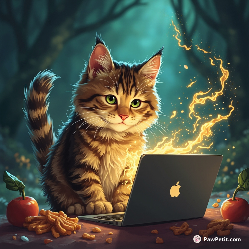 Cat swats at a laptop, convinced it's a magical device for summoning food.