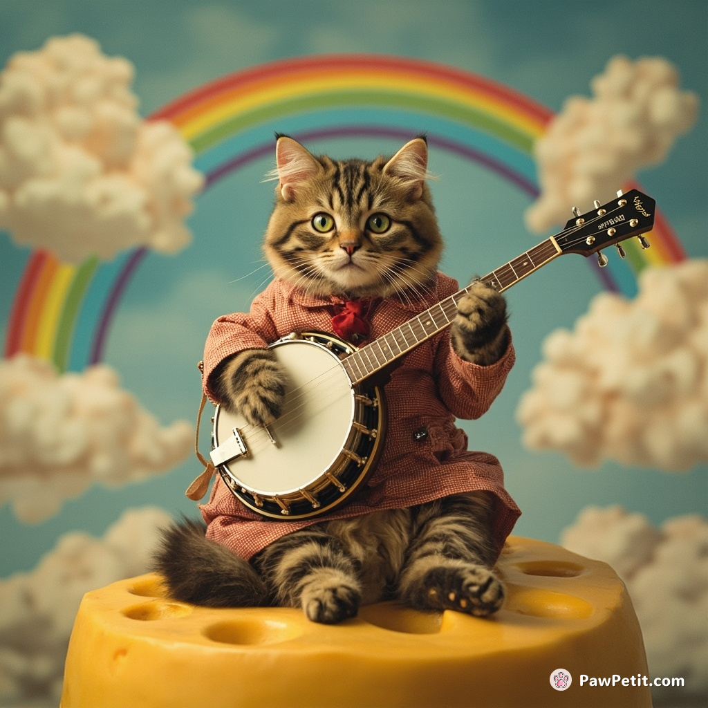 A vintage-garbed cat fiddling a banjo on top of an animate cheese wheel, each note triggering rainbow suspensions in the sky and little popcorn clouds popping around.