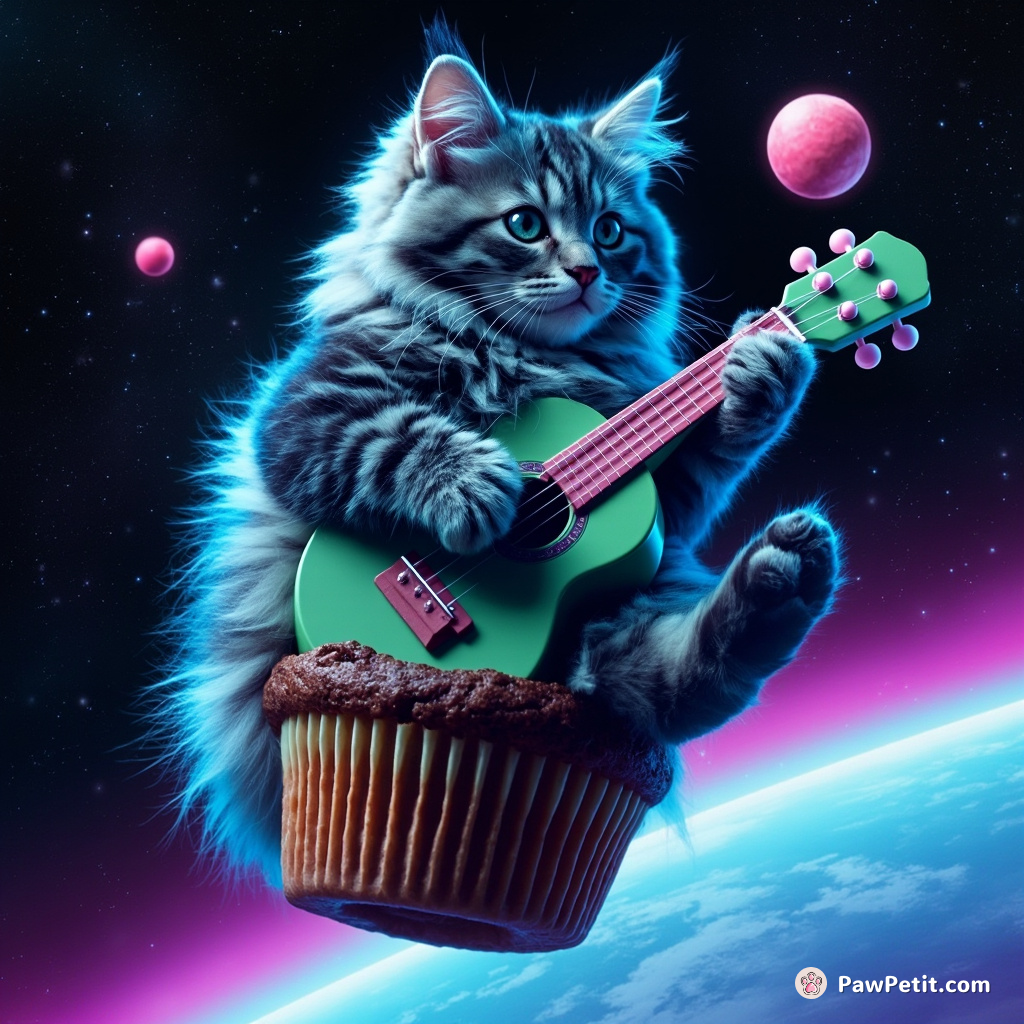 A blue Persian cat with zebra stripes playing a green ukulele on top of a chocolate muffin floating in outer space.