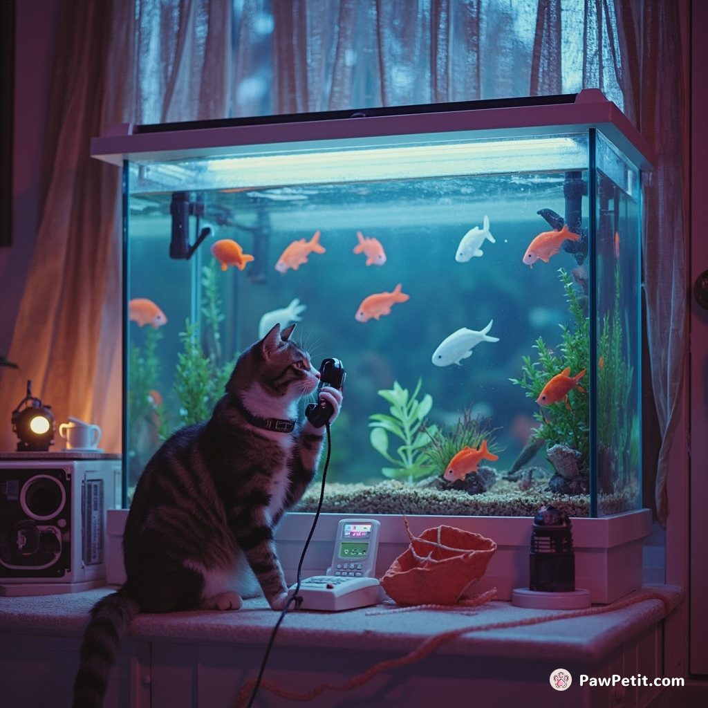 Cat "uses" phone, accidentally orders 100 fish, escalates credit card bills. Huge aquarium on the porch baffles everyone!