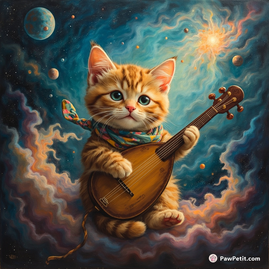 A motley cat playing an ethereal lyre amidst a zero-gravity space nebula.