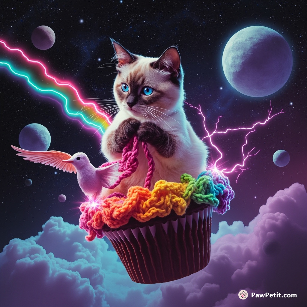 A Siamese cat crocheting an electric rainbow using lightning bolt needles atop a hummingbird-manned cupcake floating in outer space.