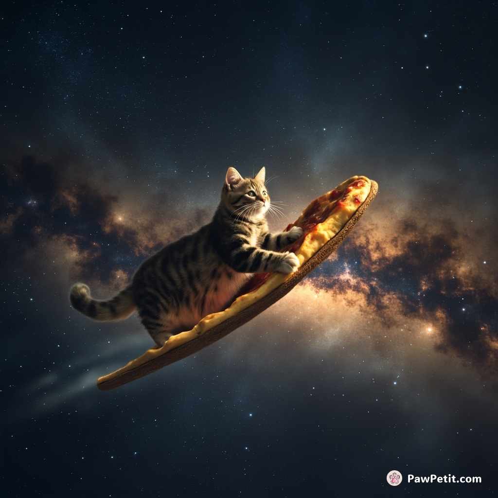 A cat gracefully surfing on a pizza slice through the milky way galaxy.