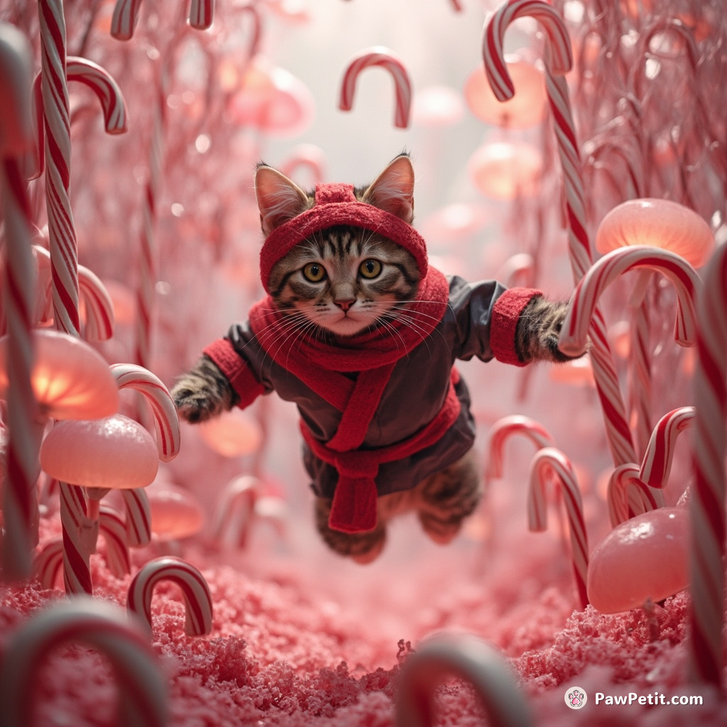 A ninja cat mid-leap across swirling candy canes in a softly glowing jellyfish forest.