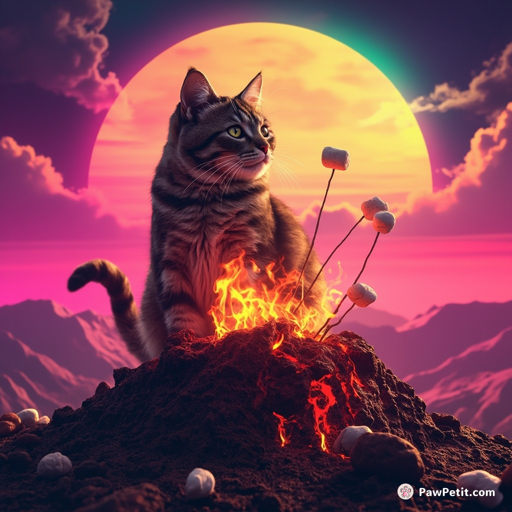A cat roasting marshmallows with its tail over a volcano in an alien planet against a rainbow sunset.