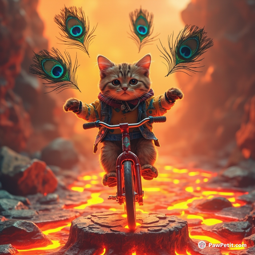 A cat biking through hot rainbow lava while juggling turquoise peacock feathers.