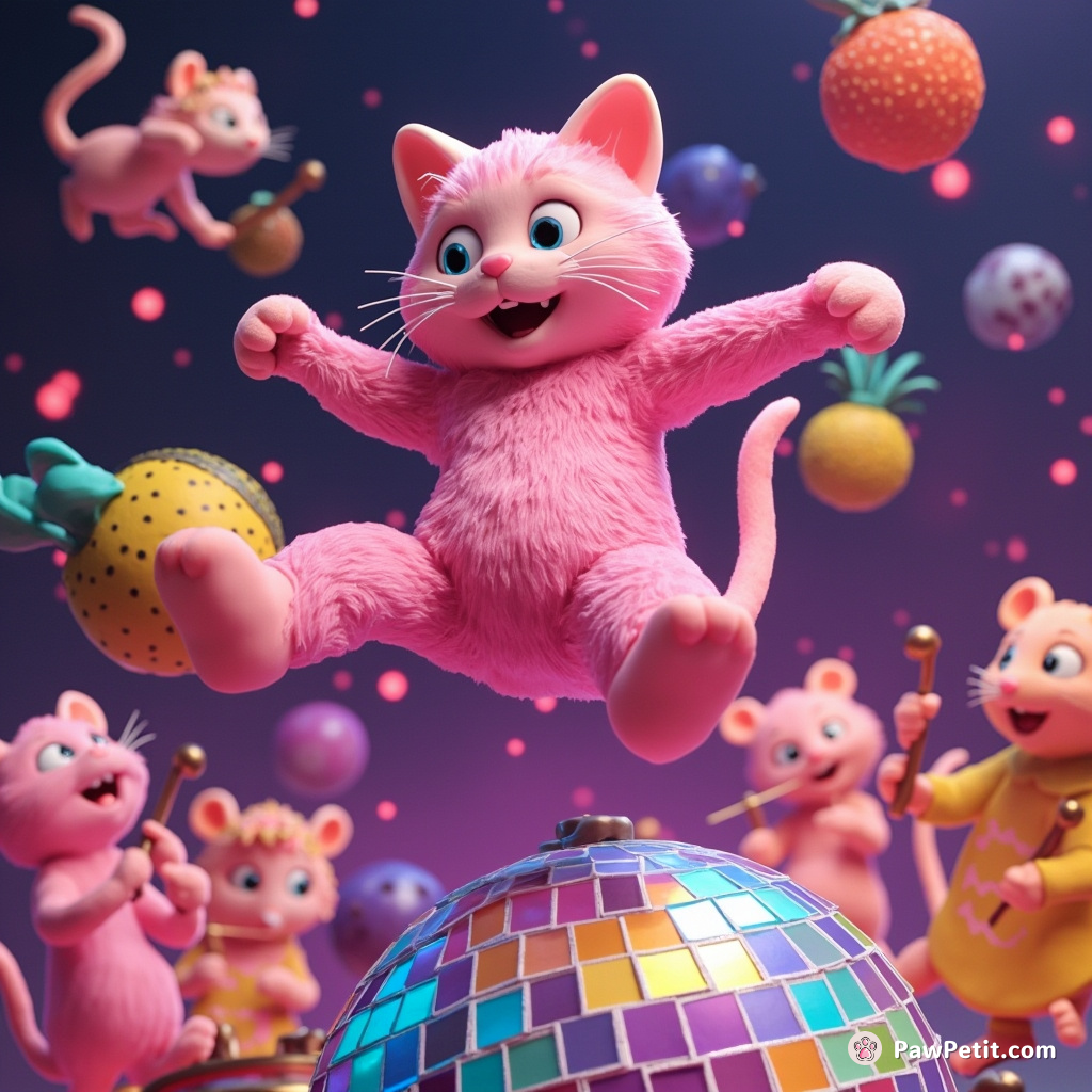 A fluorescent pink cat breakdancing on a disco ball floating in zero gravity, surrounded by tiny rainbow-hued mice orchestrating an orchestra of fruits.