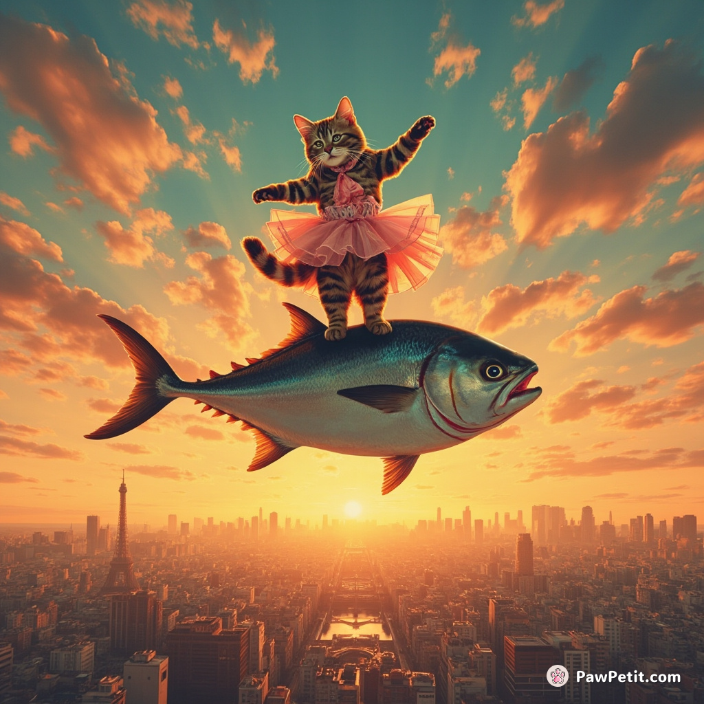 Cat doing ballet on top of a flying tuna fish over Paris skyline at sunset.