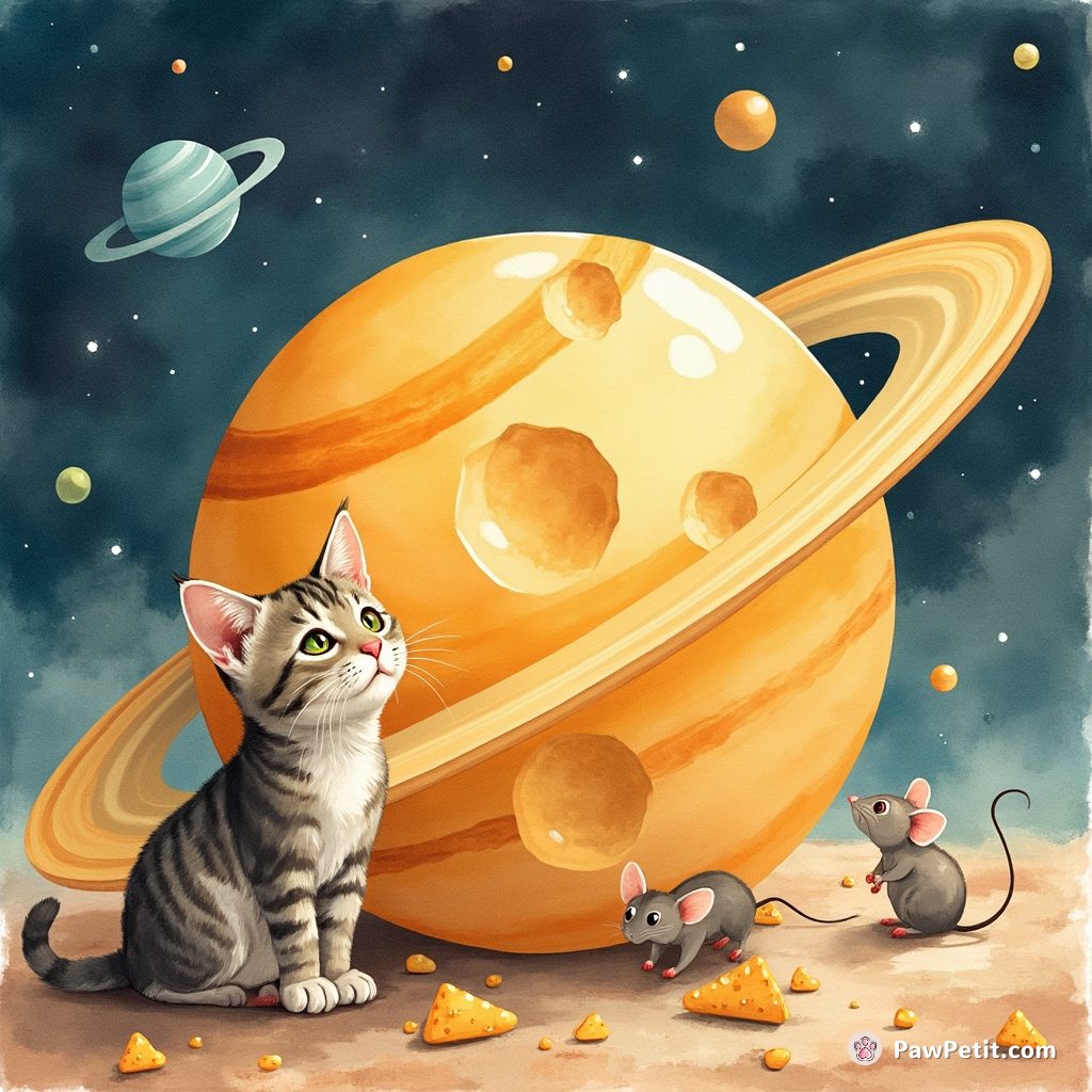 Space cat constructing a Saturn-shaped cheese with extraterrestrial mice.