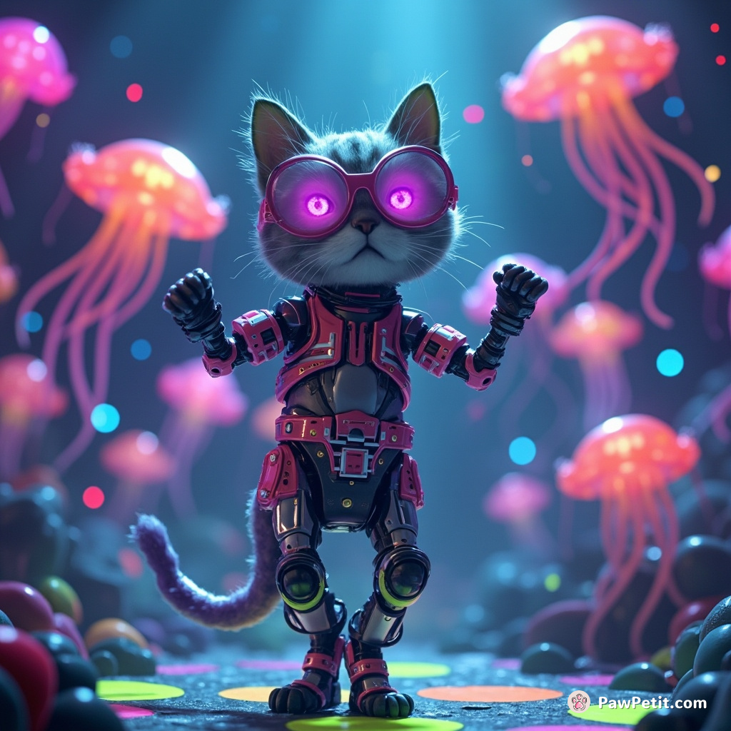 Cybernetic cat salsa-dancing with neon jellyfish in an underwater alien disco-tech.