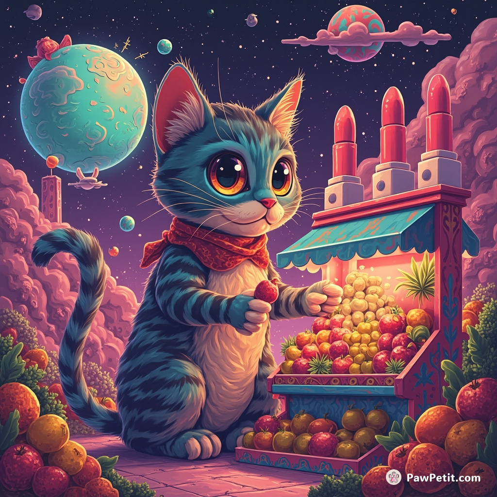 A gigantic cat staffing a vibrant fruit stand in an extraterrestrial lipstick factory.