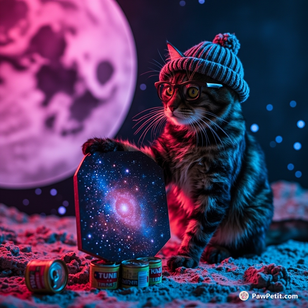 A hipster cat in a bobble hat creating a miniature galaxy Banksy-style mural out of tuna cans on the moon.