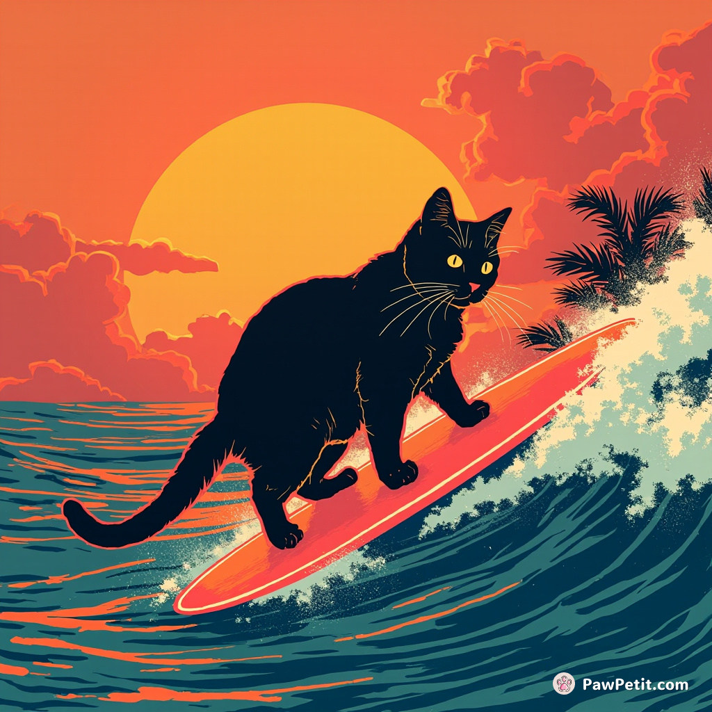 Cat on a neon surfboard riding a chocolate syrup wave under a jukebox sunset.