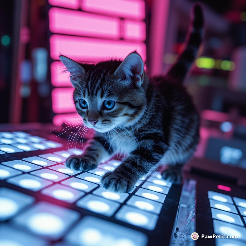 Whiskers twitching, the cat dances across glowing panels, triggering a cosmic purr from the alien machinery.
