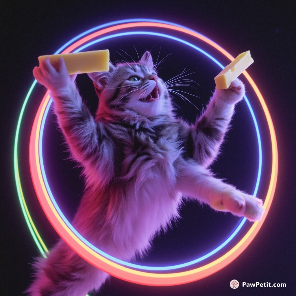 A magical cat looping infinite rainbows using their multicolored tail while juggling slices of moon-cheese.