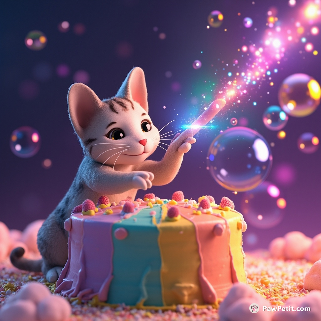 Cat using a bubble wand to blow galaxies into existence on top of a rainbow cake.