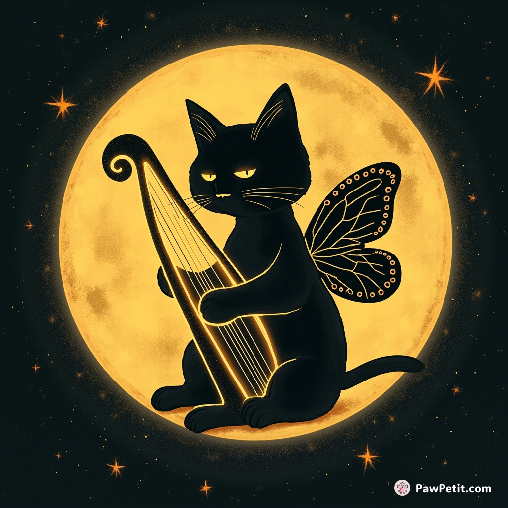 A cat playing a fluorescent harp on a cheese moon while wearing glossy butterfly wings.