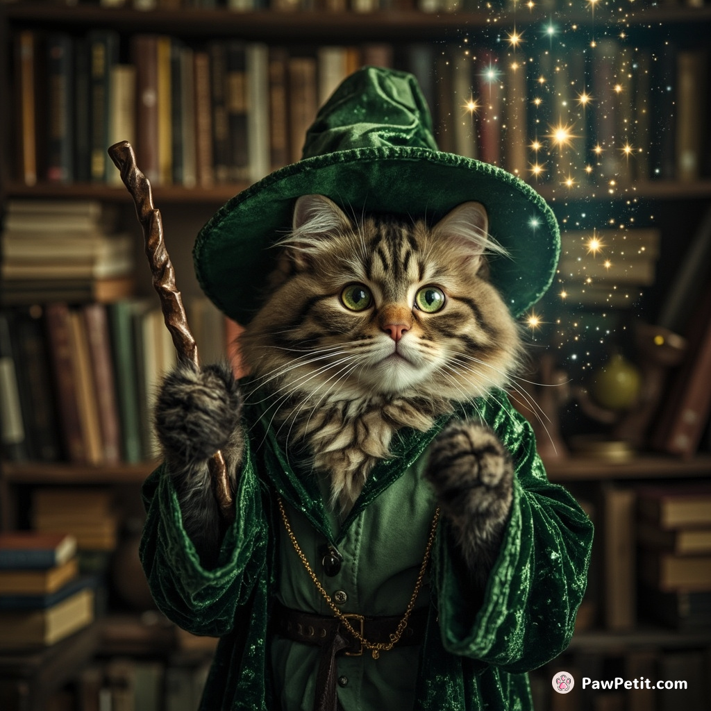A feline wizard, with sparkling emerald robes and a matching hat, conjuring an intricate galaxy of twinkling stars from his wand inside a dusty antique bookstore.