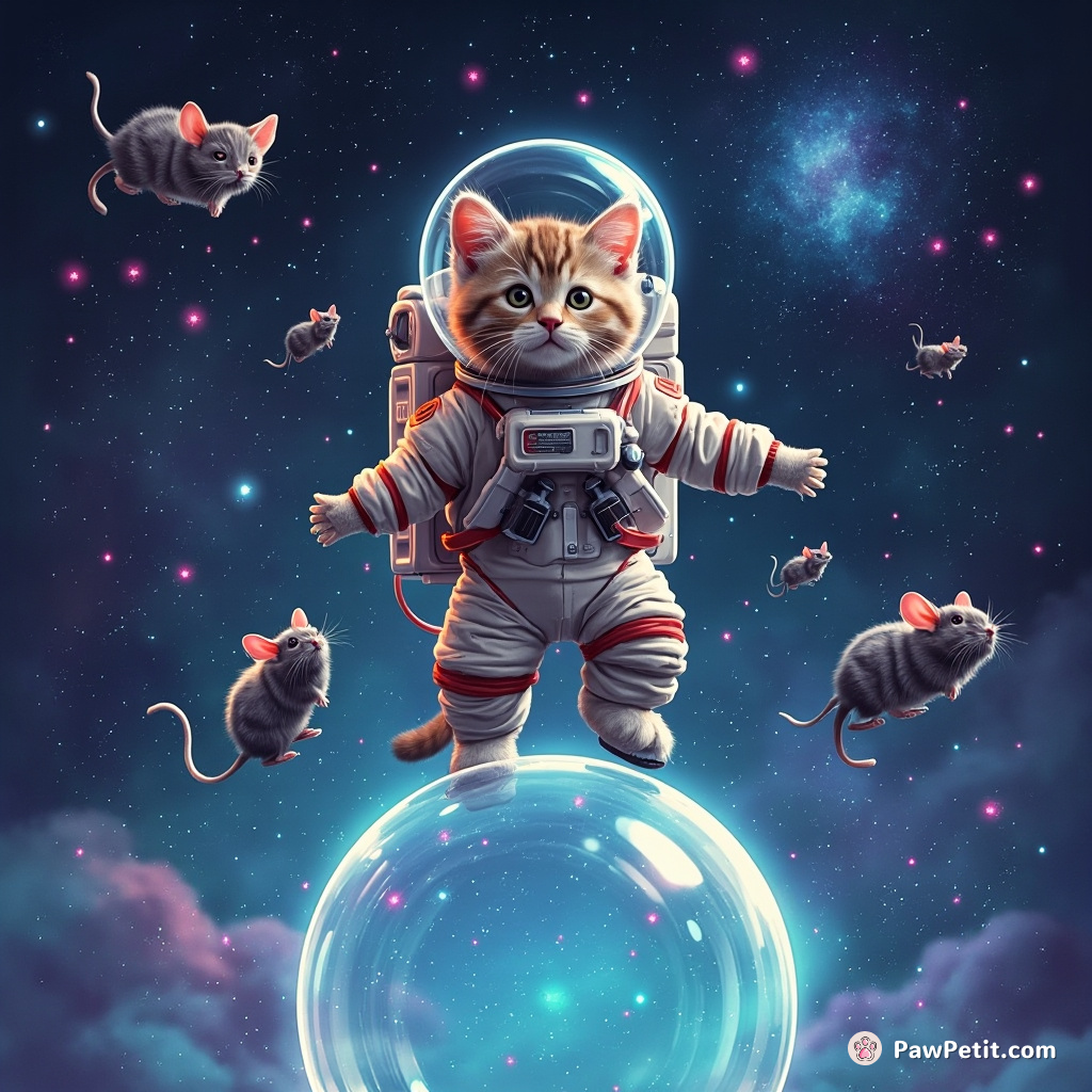 Feline astronaut balancing on a glistening soap bubble, surrounded by neon mice constellations.